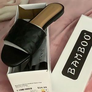 Bamboo Black Quilted Open Flat SlipOn Sandal